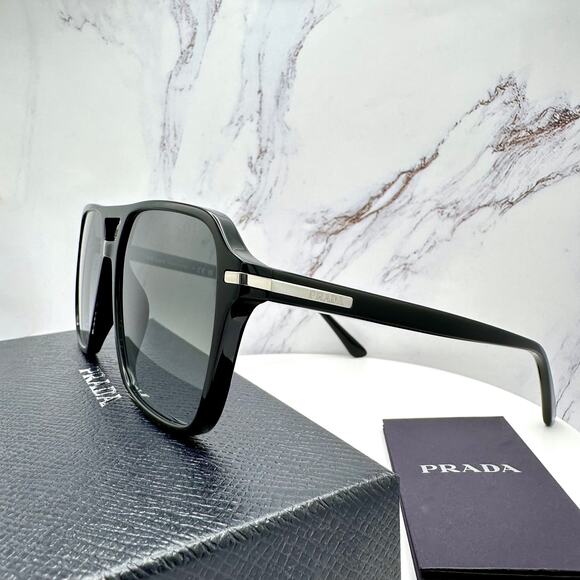 NEW PRADA Sunglasses Black Aviator Pilot 55-17mm Grey Lens Silver Logo - Picture 14 of 16